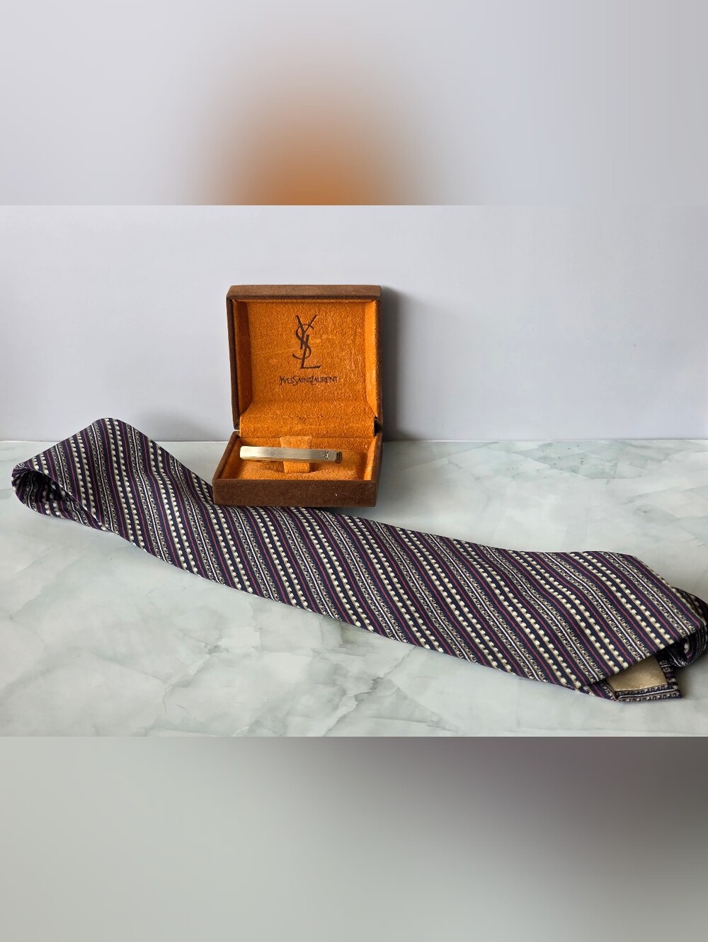 Vintage YSL Gold Tie Clip in Box + Matching Silk Striped Tie
